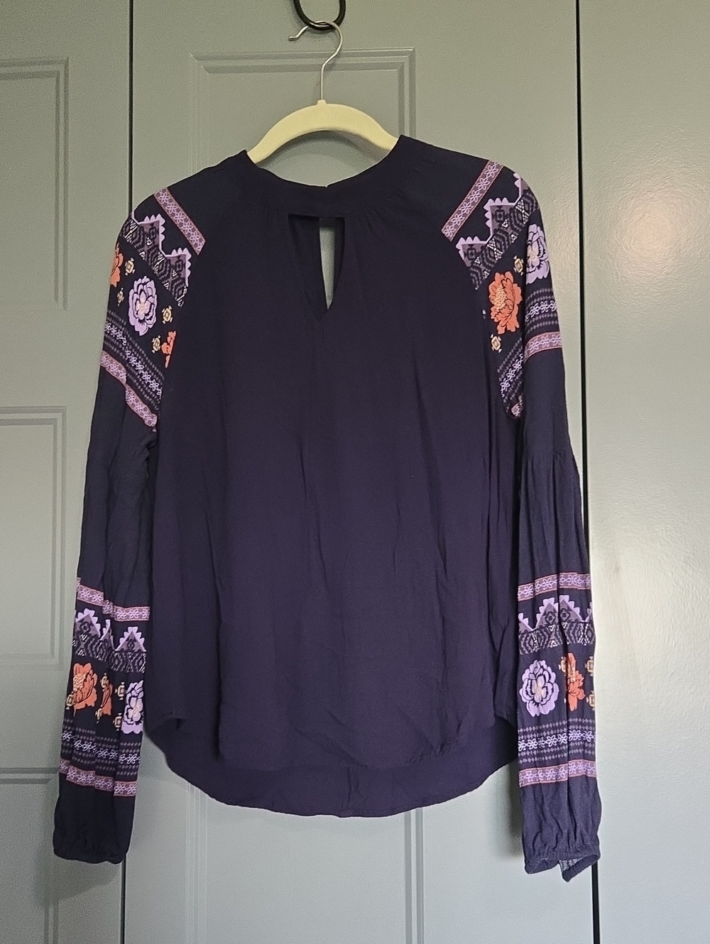 Womens Navy Embroidered Long-Sleeve Peasant Top